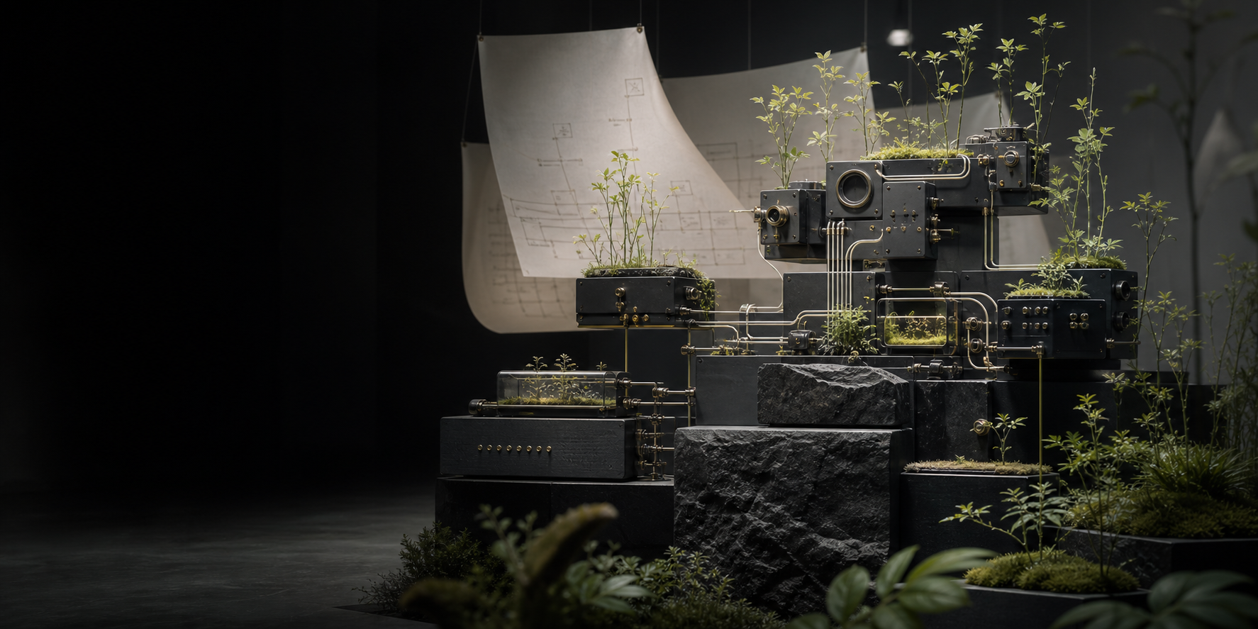 Living plants woven through a precise mechanical structure